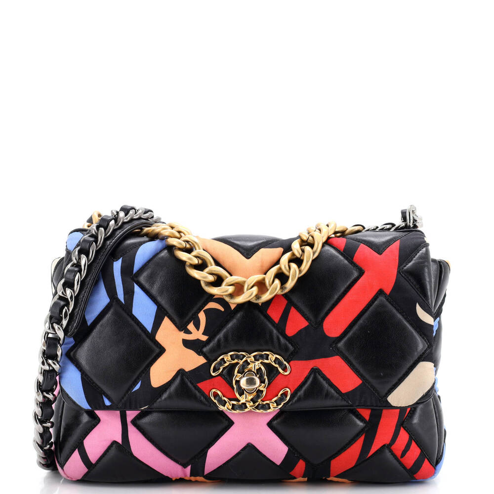 Chanel Medium 19 Flap Bag Quilted Lambskin and Printed Silk